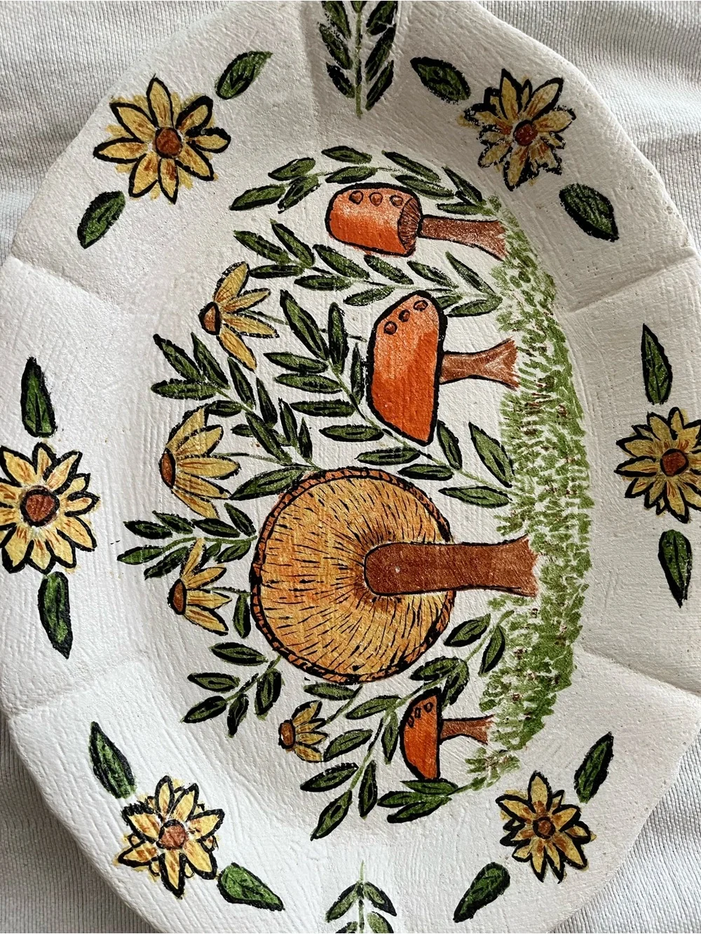 Vintage, Signed, Hand-Painted Mushroom & Floral Ceramic Accent Plate